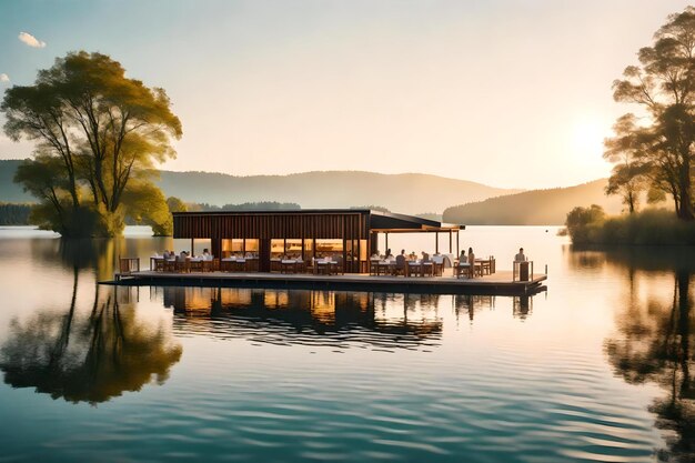 Een restaurant aan een meer met een zonsondergang op de achtergrond