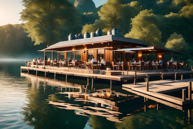 Een restaurant aan een meer met uitzicht op de bergen op de achtergrond.