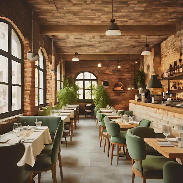 Een restaurant met een bakstenen muur en tafels en stoelen