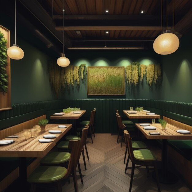 Een restaurant met een groene muur en een houten tafel met een rij tafels en een planter met een plant in