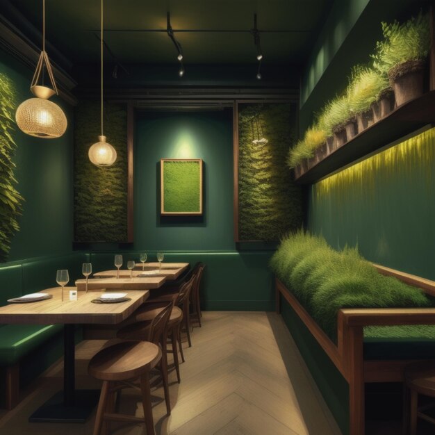 Een restaurant met een groene muur en een houten tafel met een rij tafels en een planter met een plant in