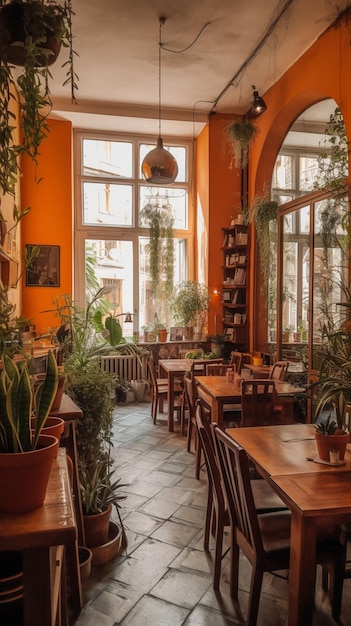 Een restaurant met een groot raam waar planten op staan