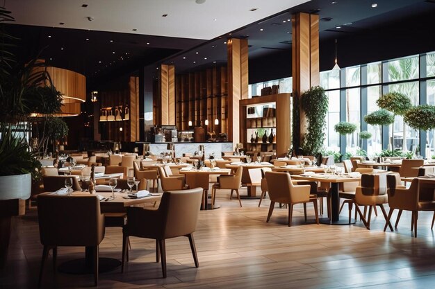 een restaurant met een grote eetkamer met een groot raam