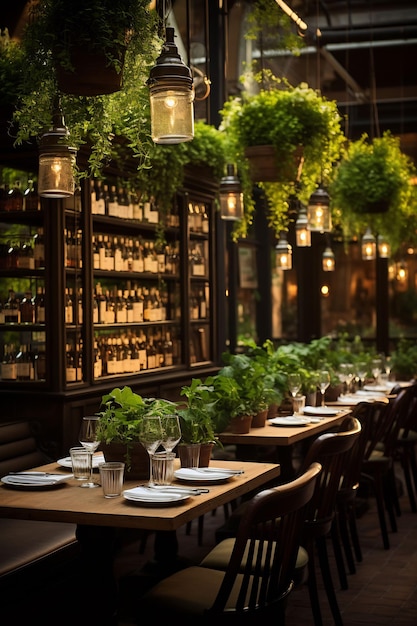 een restaurant met een lamp die aan het plafond hangt