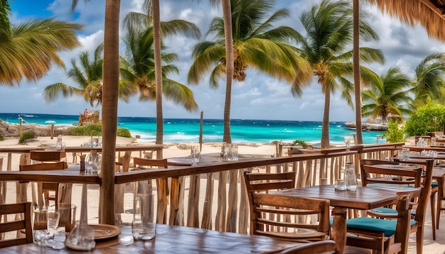 een restaurant met een tafel en stoelen en palmbomen op het strand