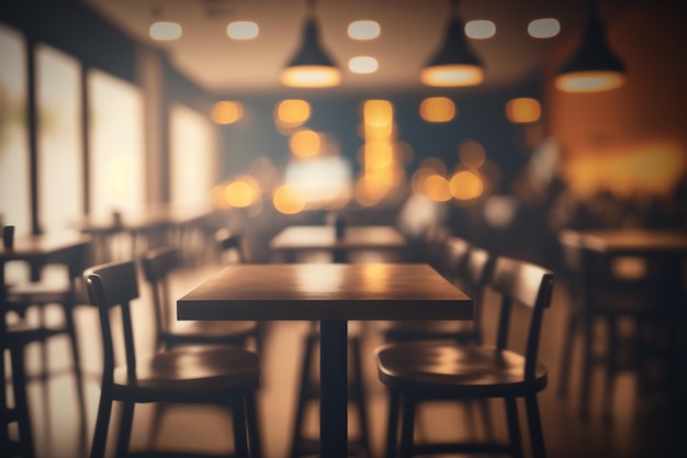 Een restaurant met een tafel en stoelen en verlichting