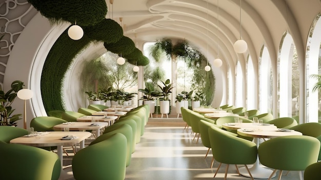 Een restaurant met groene stoelen en een groen dak