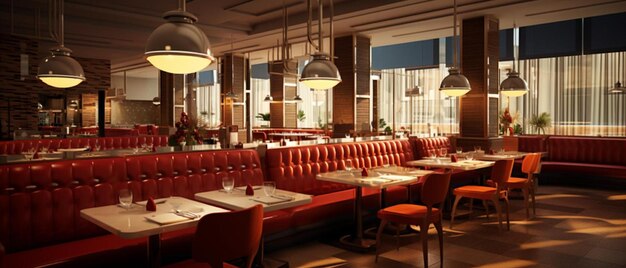 Foto een restaurant met rode stoelen en tafels en lichten