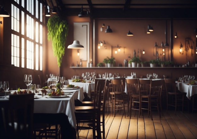 Een restaurant met tafels en stoelen en een muur waar een plant aan hangt.