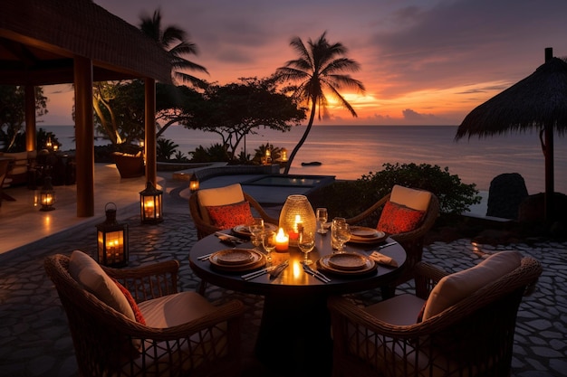Een restaurant met uitzicht op de oceaan en uitzicht op de zonsondergang.