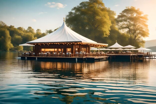 Een restaurant op het water met een tent waarop "restaurant" staat.