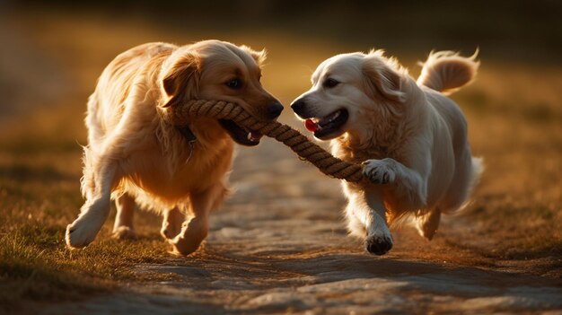 Foto een retriever die zich bezighoudt met een vriendschappelijk spel van tugofwar en zijn kracht en goedhartige comp toont