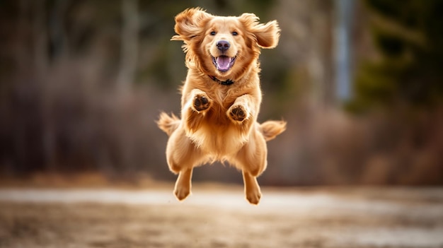 Een retriever gevangen in de lucht tijdens een hilarische sprong met zijn tong eruit en een domme uitdrukking erop