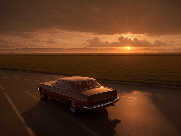 Een retro auto rijdt langs de snelweg tegen de achtergrond van een veld en een avondzonsondergang