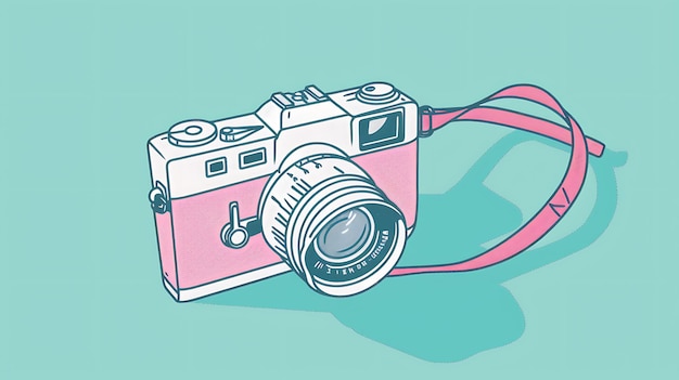 Een retro camera met een roze lichaam en een bruine riem de camera zit op een blauwe achtergrond de camera heeft een grote lens en een kleine zoeker