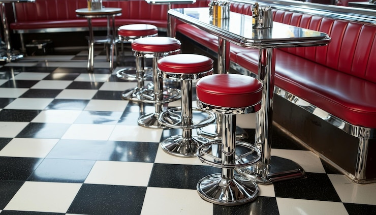 Foto een retro diner interieur met rode krukken en geruite vloeren creëert een nostalgische diner sfeer