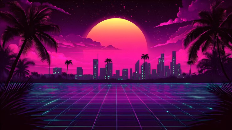 Foto een retro-futuristisch stadsbeeld met palmbomen en een neonroostervloer onder een zonsondergang