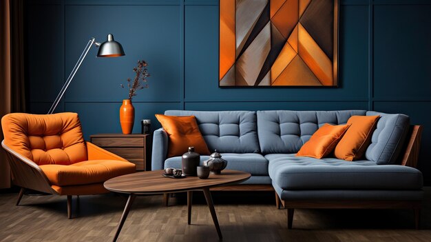 Een retro-geïnspireerd modern interieur met een mix van vintage hedendaagse elementen en helder oranje