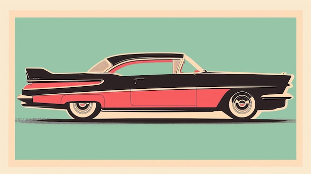 Een retro-stijl vector illustratie van een klassieke auto uit de jaren vijftig De auto is zwart met een roze streep en heeft een witte achtergrond
