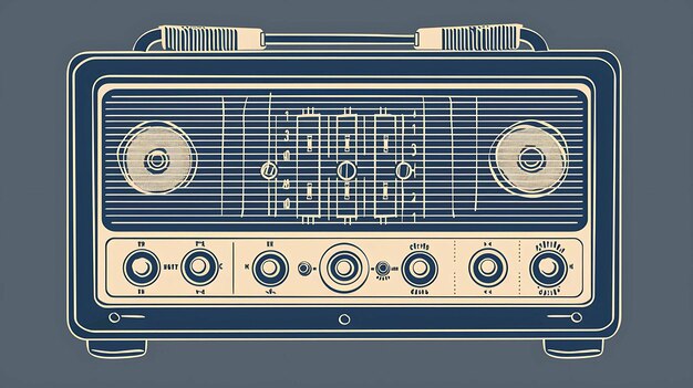 Een retrostyled illustratie van een vintage radio met een blauwe carrosserie en roomkleurige knoppen en wijzerplaten