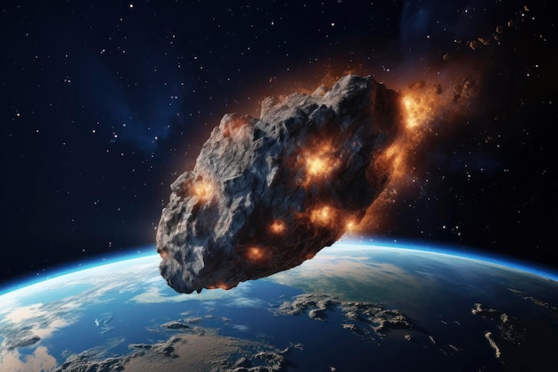 Een reusachtige asteroïde nadert de aarde in de ruimte.