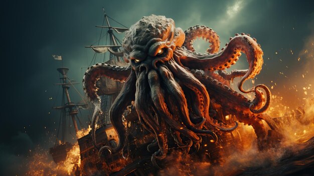 Foto een reusachtige octopus met tentakels en vlammen op een schip