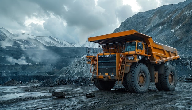 Een reusachtige oranje vuilniswagen in een kolenmijn