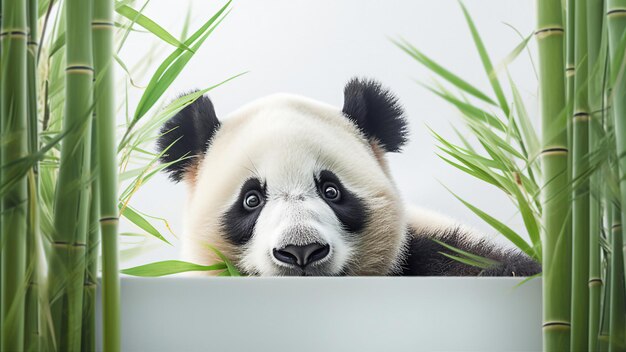 Een reusachtige panda die in bamboe zit.