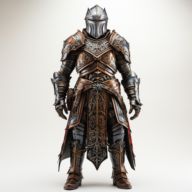 Foto een ridder gekleed in een stalen wapenrusting geïsoleerd op een witte achtergrond voorbeeldcopie en tekstruimte