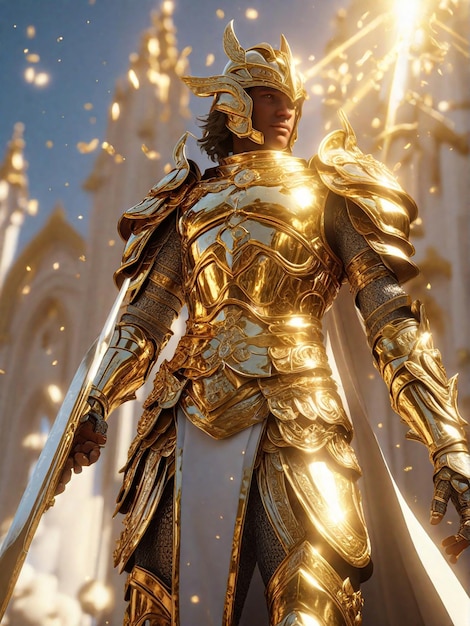Een ridder in een glanzend gouden harnas.