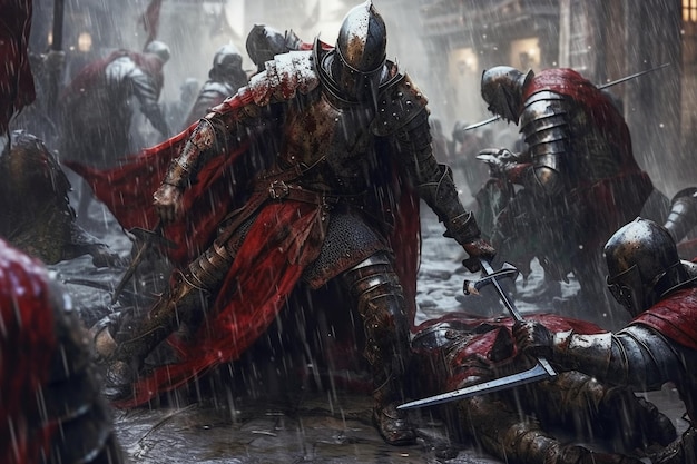Foto een ridder in een storm met een zwaard in zijn hand