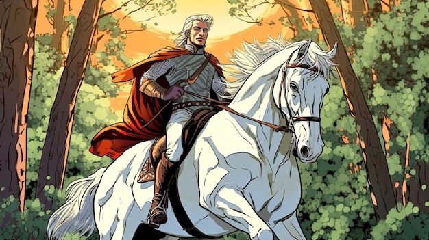 Een ridder in glanzend pantser op een wit paard Fantasieconcept Illustratie schilderij Generatieve AI