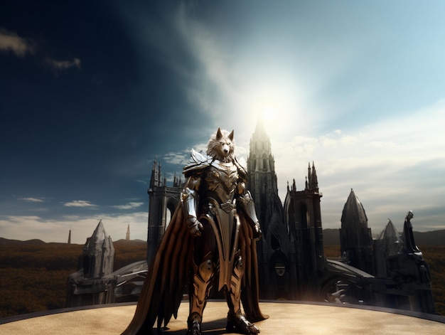 een ridder met een cape en een kasteel op de achtergrond