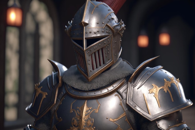 Een ridder met een helm staat voor een poort.