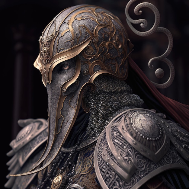 Een ridder met een masker op zijn gezicht en het woord "de" op de voorkant.