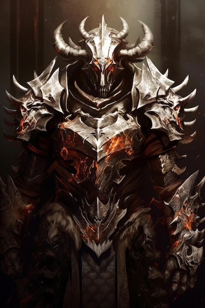 Foto een ridder met een schedel op zijn hoofd en een wolf op de rug.