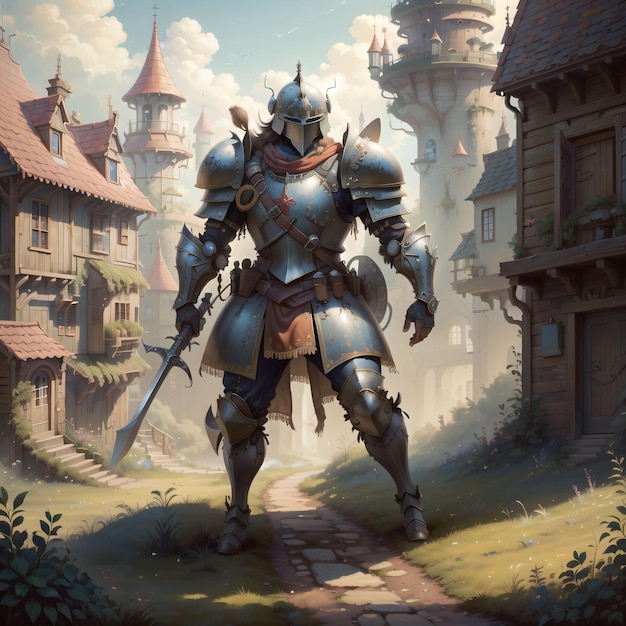 Een ridder met een zwaard in zijn hand staat voor een kasteel.