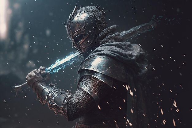 Een ridder met een zwaard in zijn handen staat voor een donkere achtergrond.