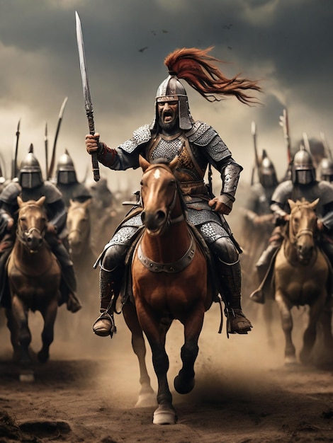 Een ridder op een paard houdt een zwaard en een zwaard vast.