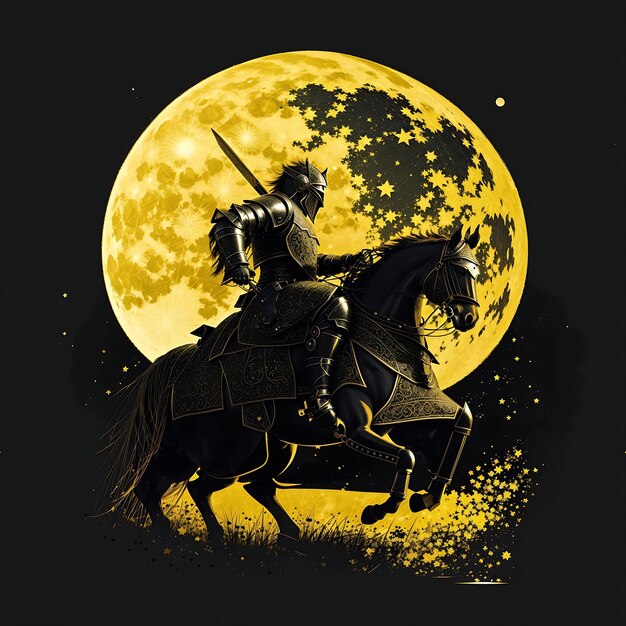 Een ridder op zijn paard met een rode maan op de achtergrond met gegenereerd vintage effect ai