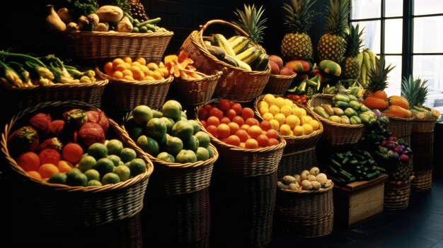 Foto een rieten harsmand met productenafdeling in een supermarkt