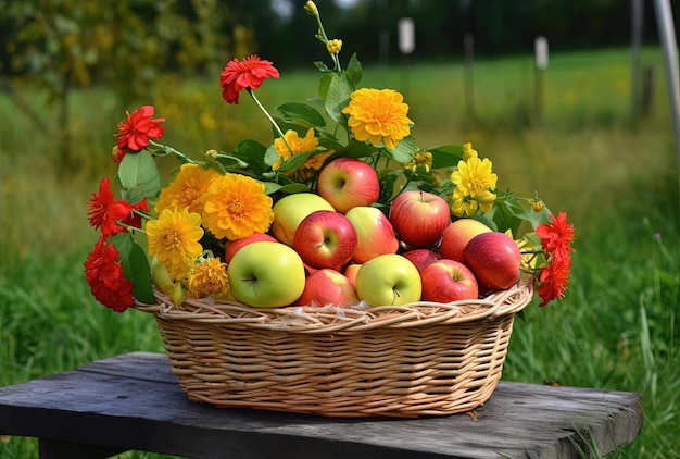 een rieten mand met appels en een bloemenmand met bloemen in de stijl van uhd-afbeelding