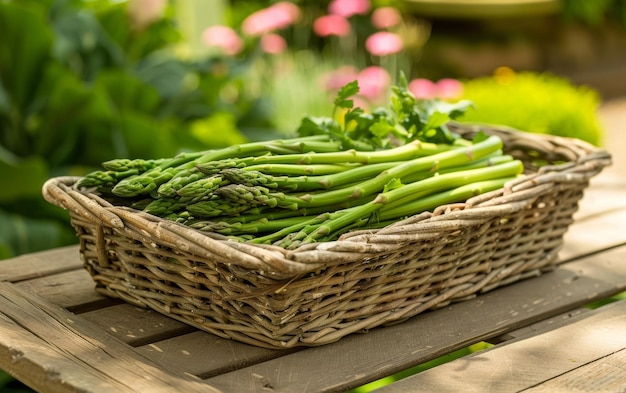 Een rietmandje overstroomt met een overvloedige oogst van vers geplukte levendige groene asparagussperen genesteld op een natuurlijke doek op een weelderige groene tuinomgeving