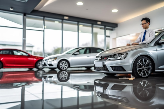 Een rij auto's in een showroom met op de achtergrond een rode auto