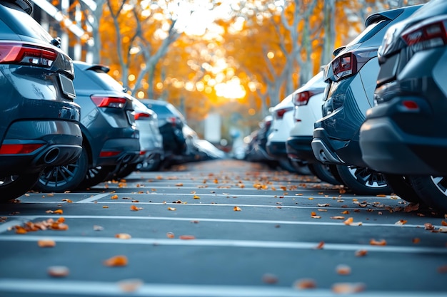 Een rij auto's is geparkeerd op een parkeerplaats met bladeren op de grond.