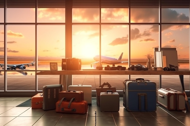 Een rij bagage staat op een vliegveld met op de achtergrond een vliegtuig.