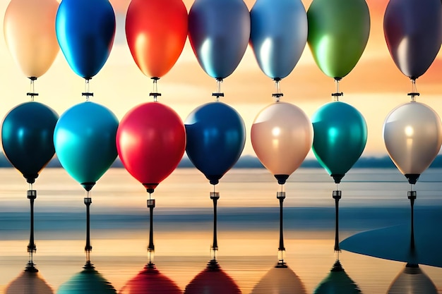 Foto een rij ballonnen met een gele achtergrond en een blauwe die 