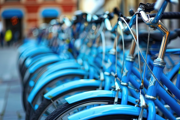 Een rij blauwe fietsen naast elkaar geparkeerd.