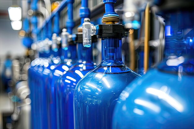 een rij blauwe glazen flessen met de bovenkant naar beneden