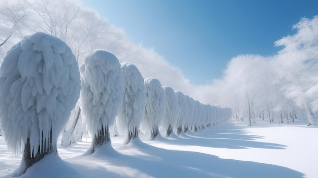 Een rij bomen bedekt met sneeuw met linksonder het woord winter.